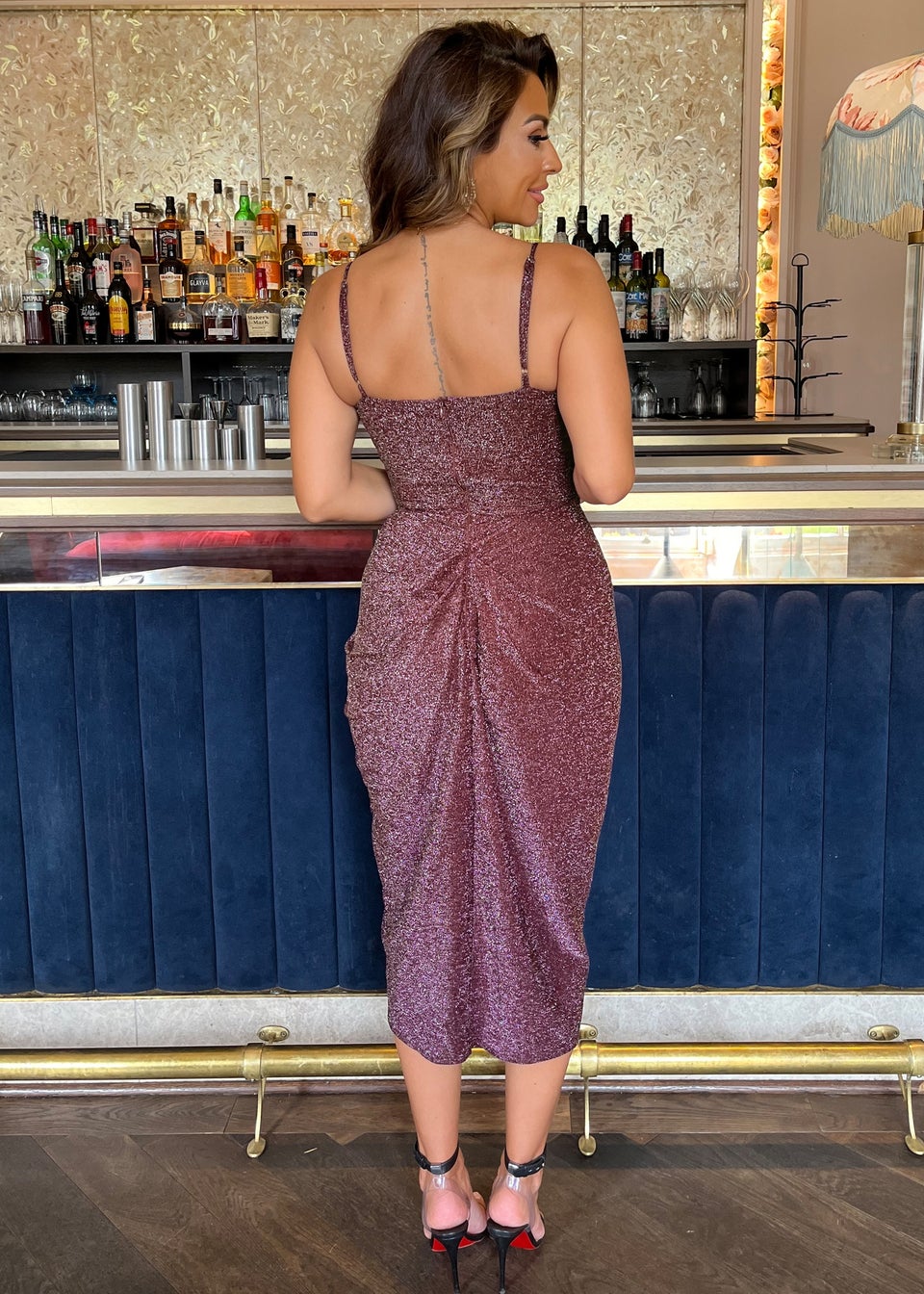 AX Paris Plum Sparkle Strappy Wrap Top Gathered Skirt Midi Dress Matalan