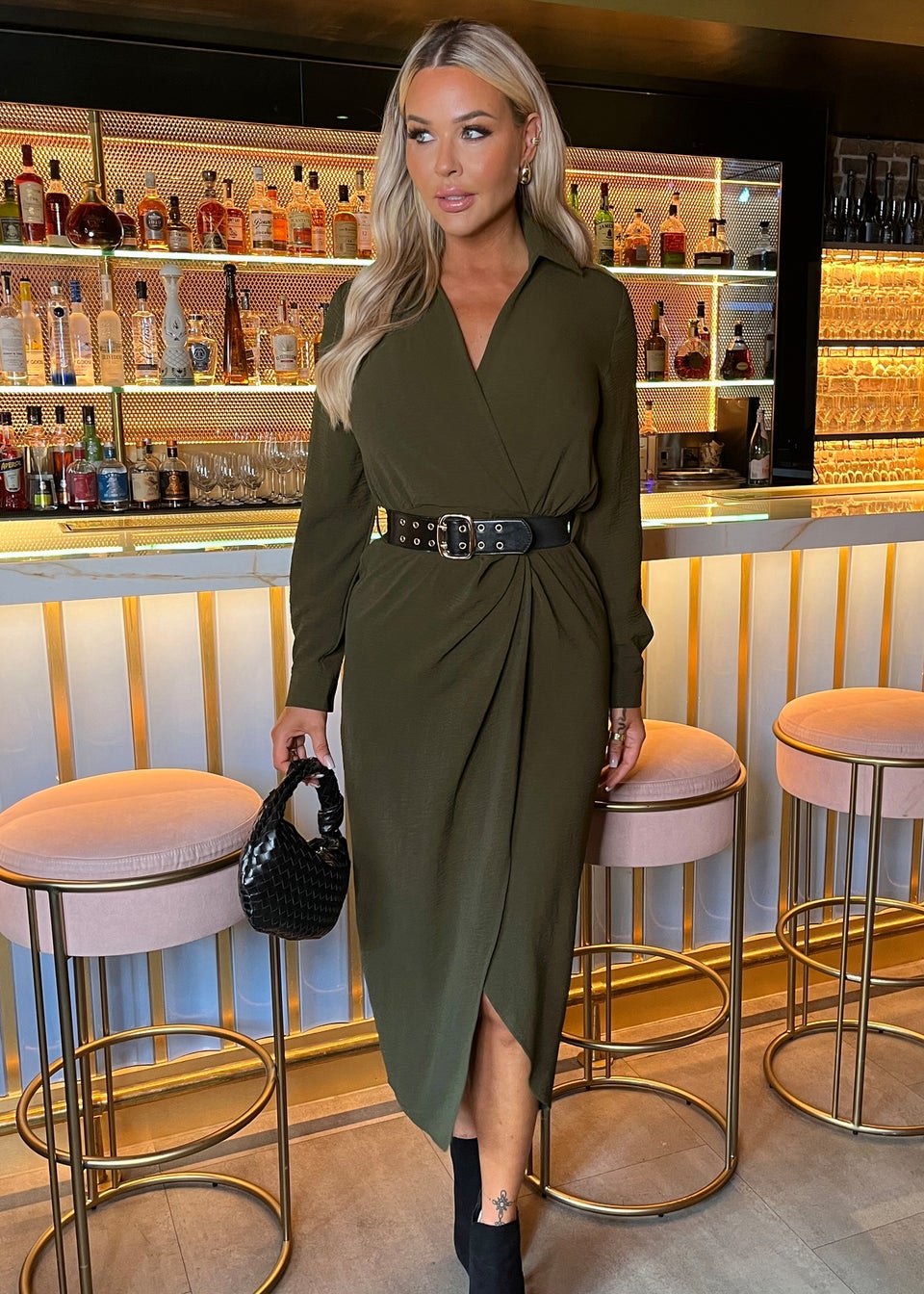 AX Paris Olive Belted Wrap Midi Shirt Dress