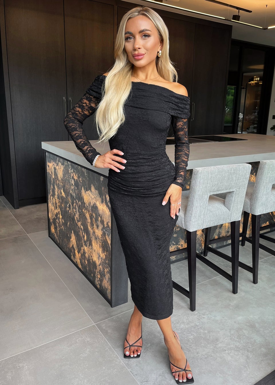AX Paris Black Lace Bardot Long Sleeve Ruched Bodycon Midi Dress Matalan
