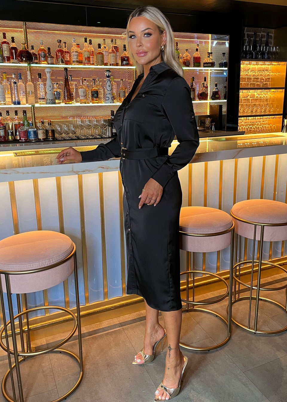 AX Paris Black Satin Belted Gold Buttons Shirt Midi Dress