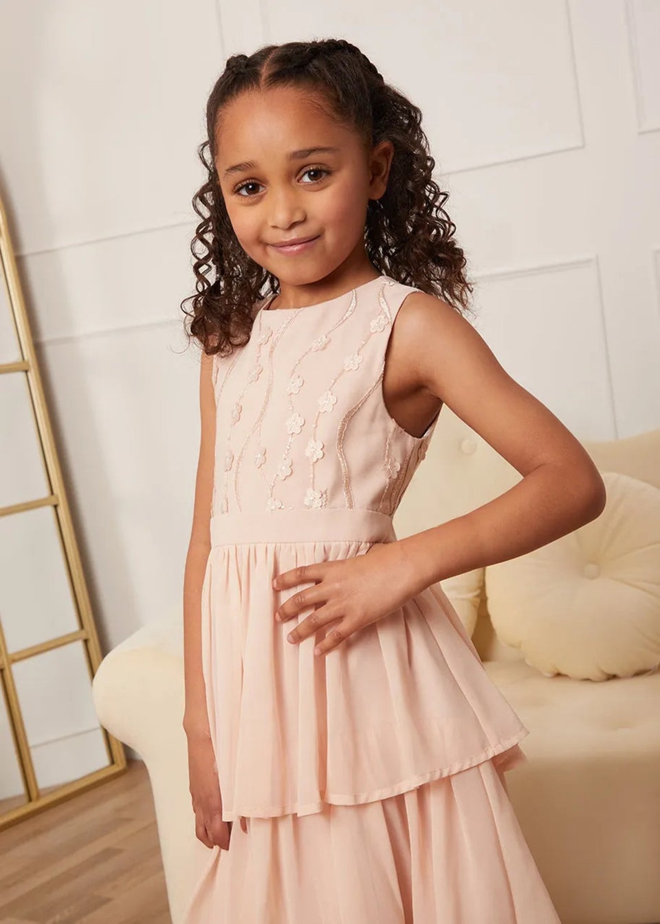 Chi Chi London Champagne Girls Embroidered Tiered Midi Dress (3-8 Years)