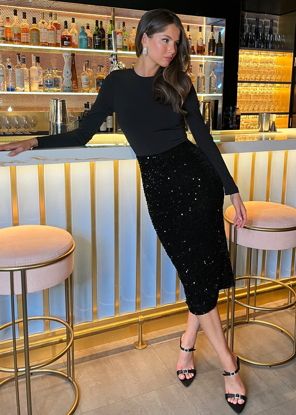 AX Paris Black Velvet Sequin 2 in 1 Long Sleeve Midi Dress