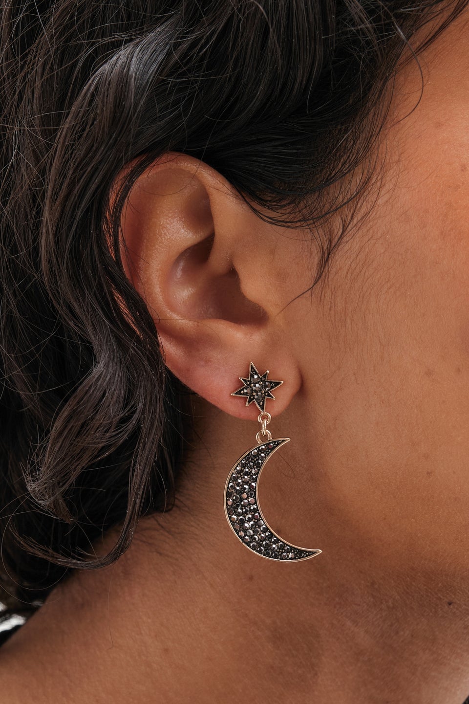 Mood Gold Black Star And Moon Drop Earrings