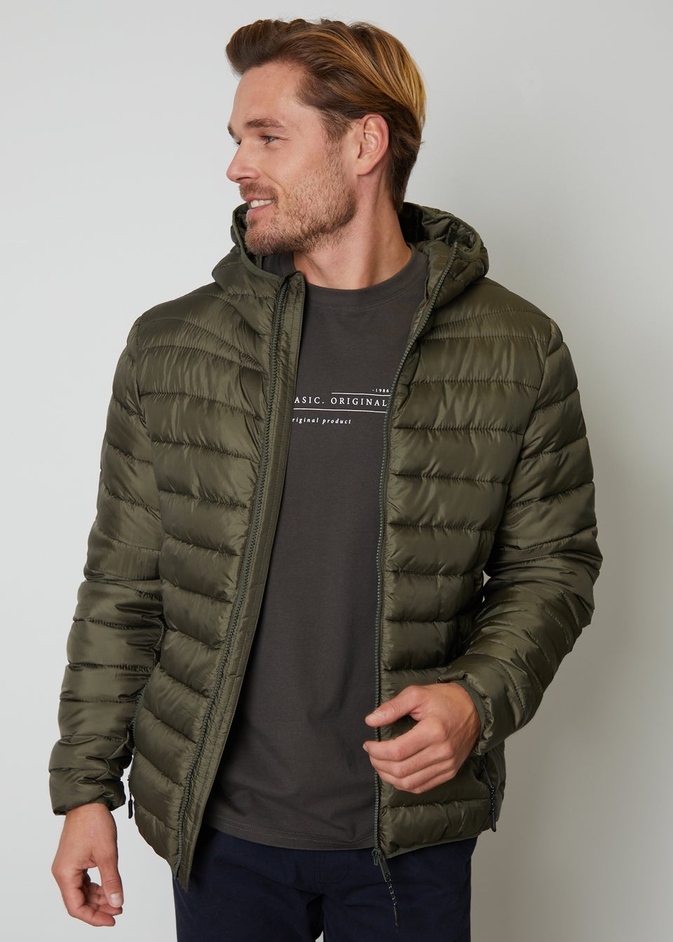 Threadbare Khaki State Matte Finish Padded Hooded Jacket