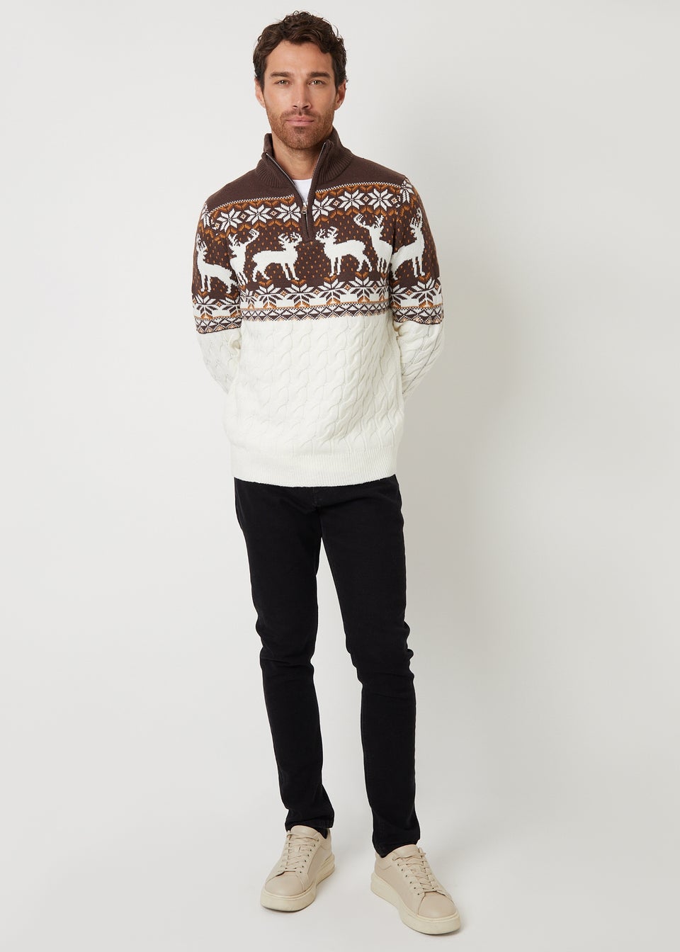 Threadbare Natural Fairisle Cable Knit Quarter Zip Christmas Jumper