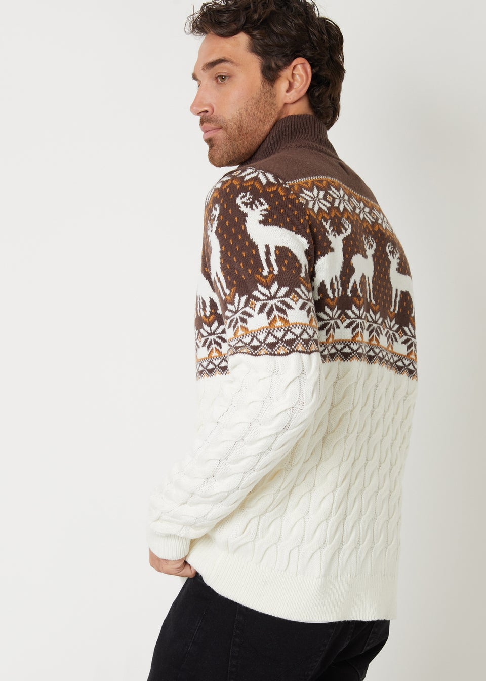 Threadbare Natural Fairisle Cable Knit Quarter Zip Christmas Jumper