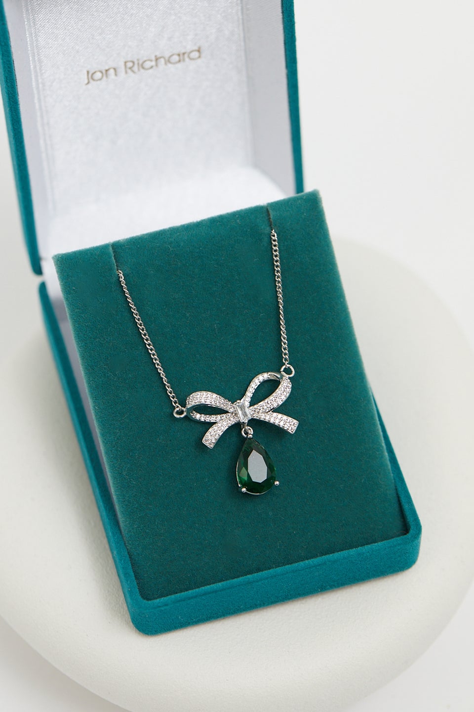 Jon Richard Rhodium Plated And Emerald Bow Pendant - Gift Boxed