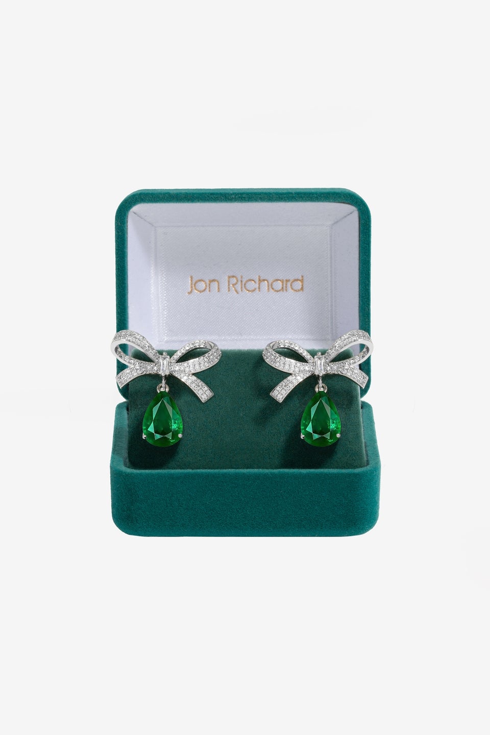 Jon Richard Rhodium Plated And Emerald Bow Earrings Gift Boxed