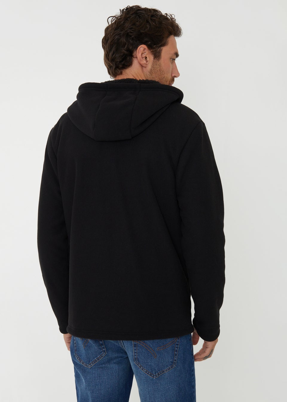 Threadbare Black Waffle Texture Sherpa Lined Zip Through Hoodie