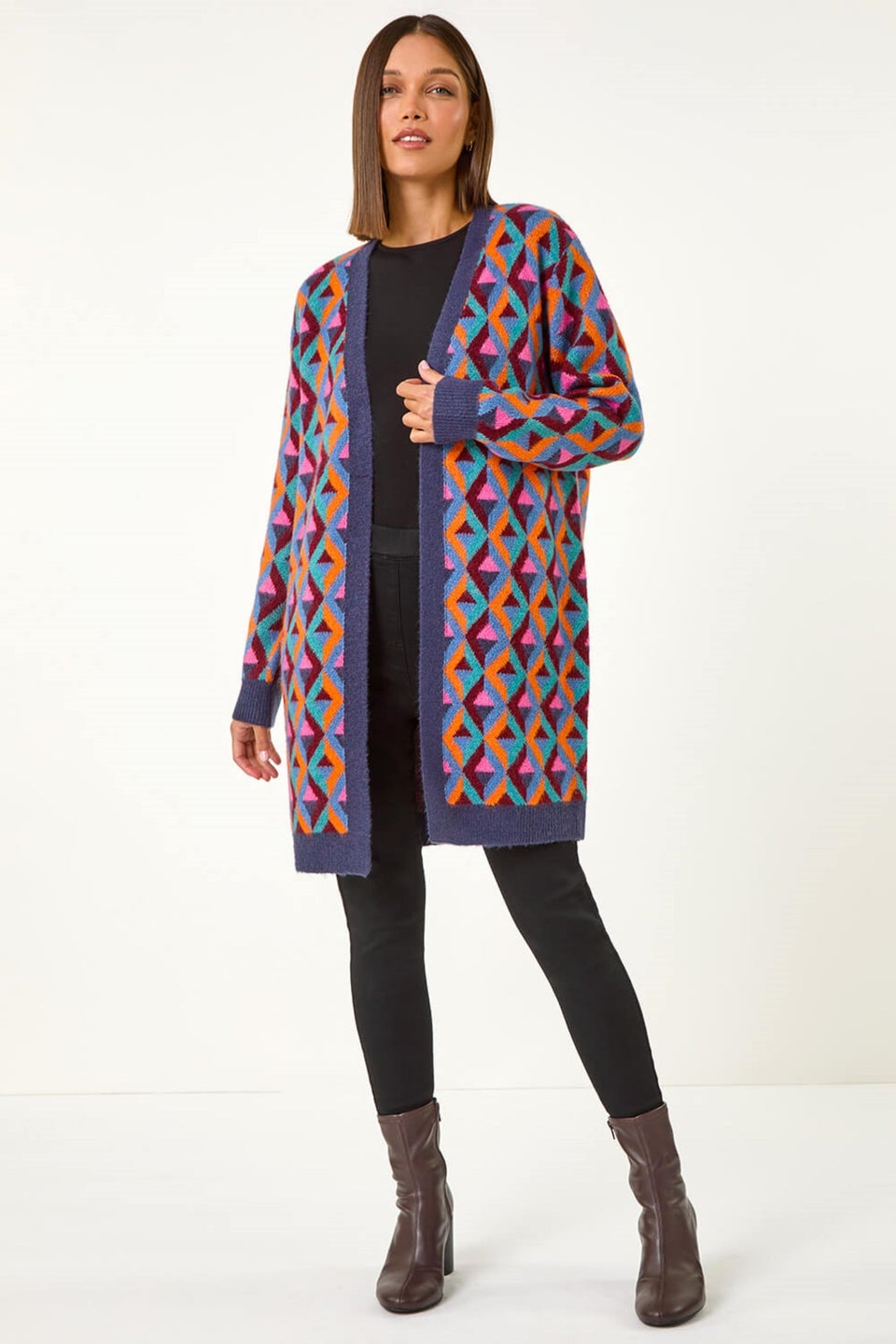 Roman Teal Geometric Patterned Cardigan