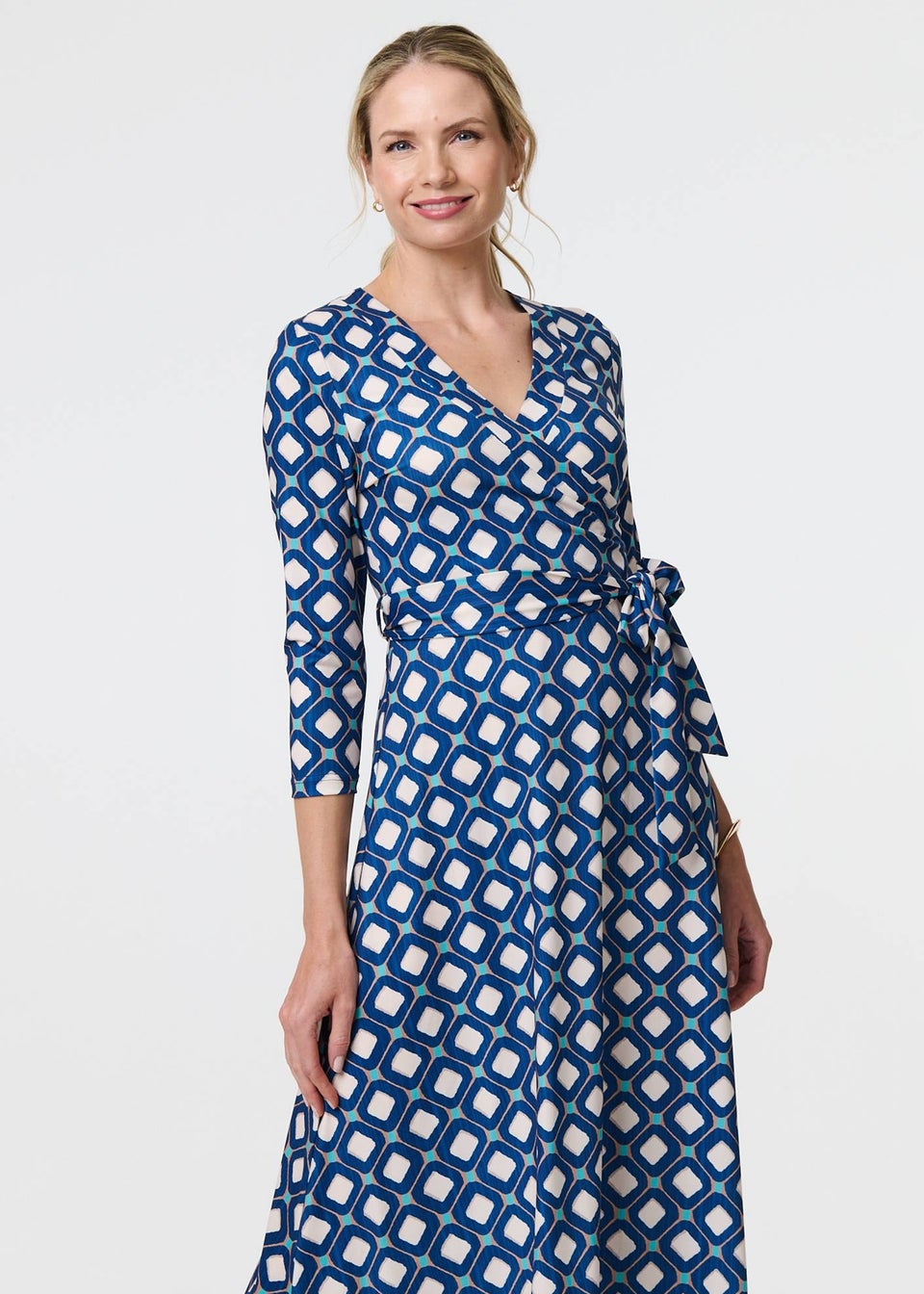 Izabel London Blue Geo Print 3/4 Sleeve Midi Wrap Dress