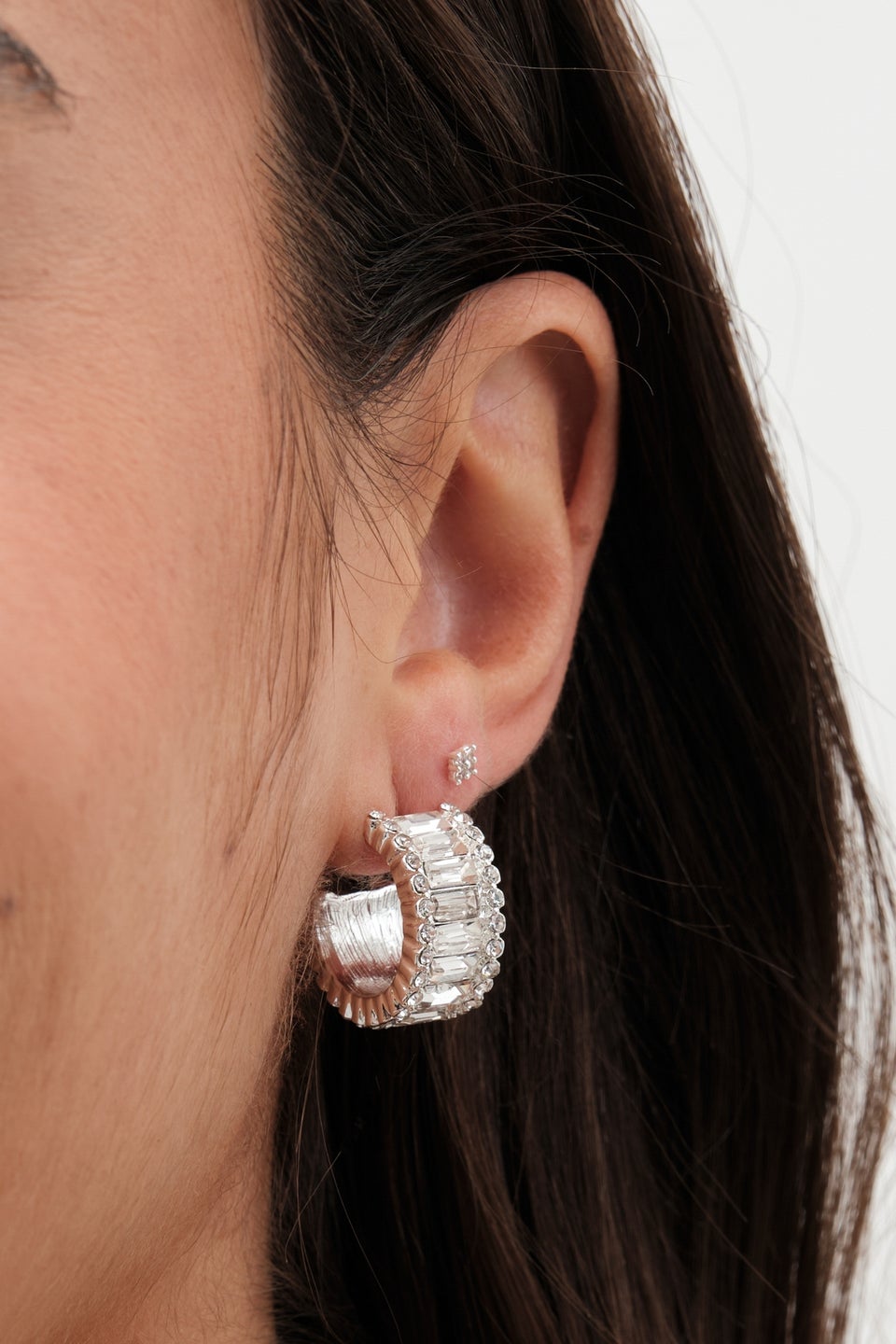 Jon Richard Silver Plated Crystal Baguette Stone Hoop Earrings