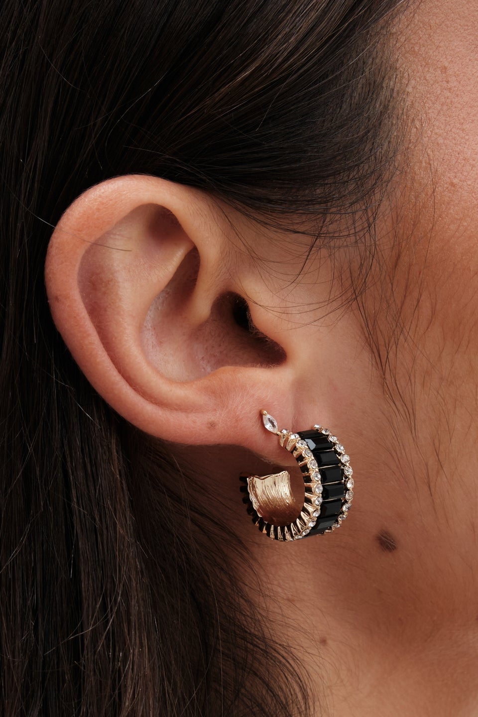 Jon Richard Gold Plated And Jet Baguette Stone Hoop Earrings