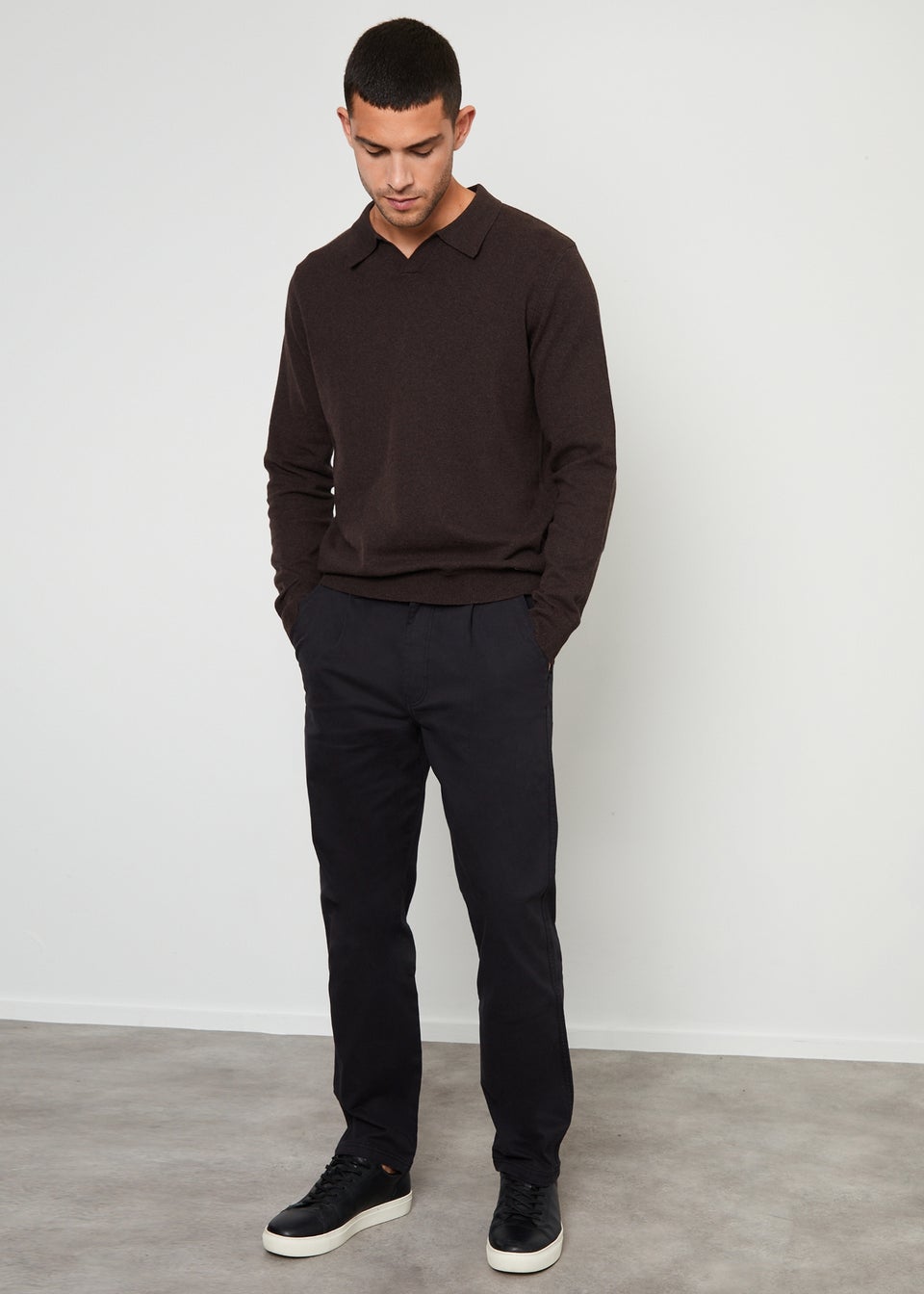 Threadbare Black Cotton Straight Leg Pleated Chino Trousers With Stretch