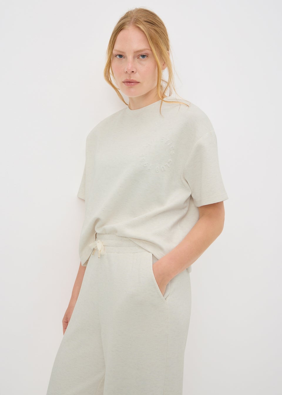 Souluxe Oatmeal Embossed Co Ord T-Shirt