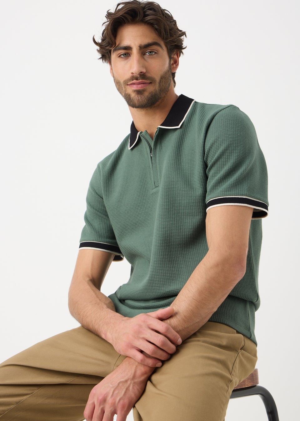 Green Smart Waffle Zip Polo Shirt