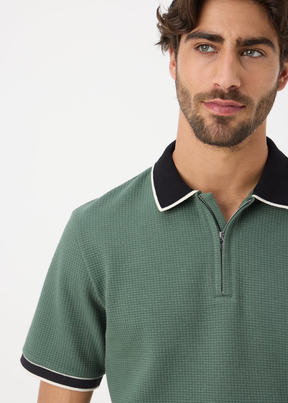 Green Smart Waffle Zip Polo Shirt