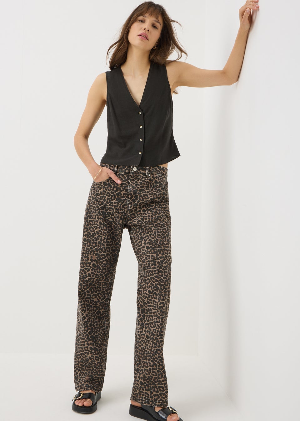 Black Linen Blend Button Up Vest Top