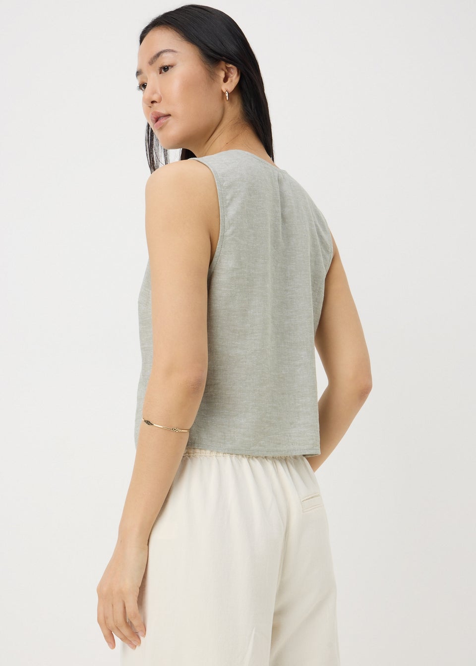 Sage Green Linen Blend Button Up Vest Top
