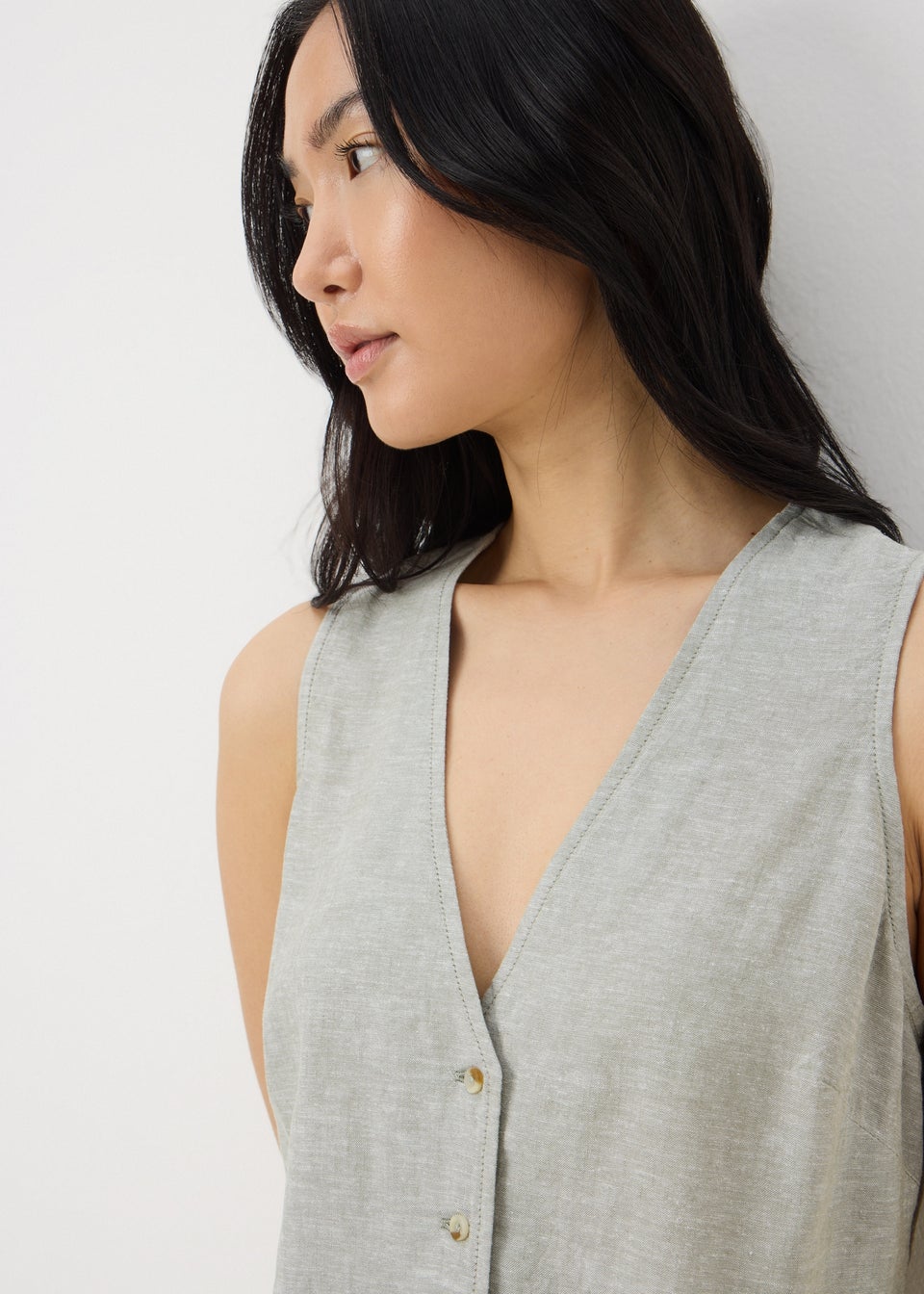 Sage Green Linen Blend Button Up Vest Top
