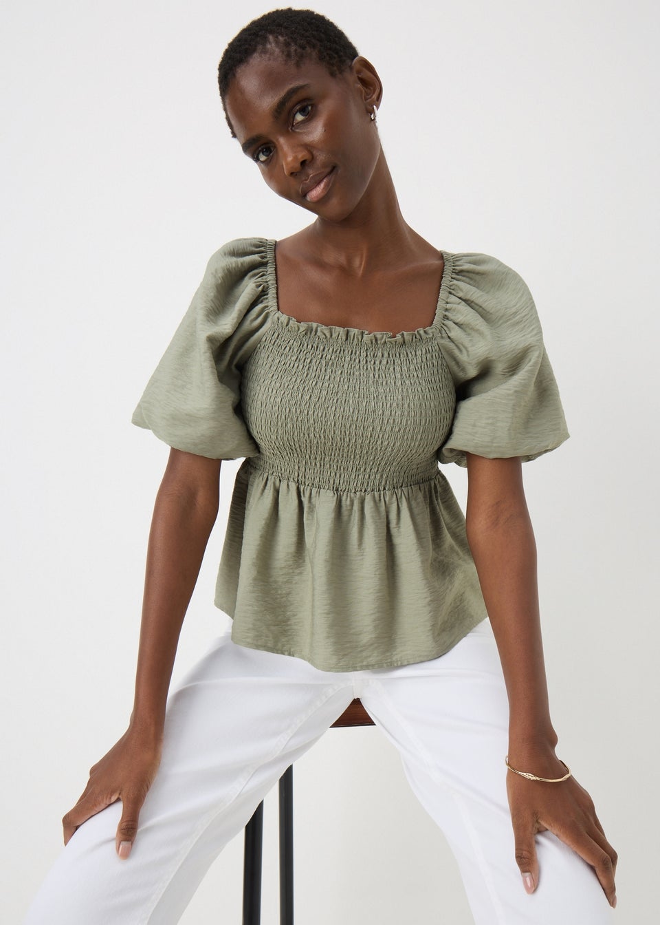 Green Shirred Tie Back Blouse