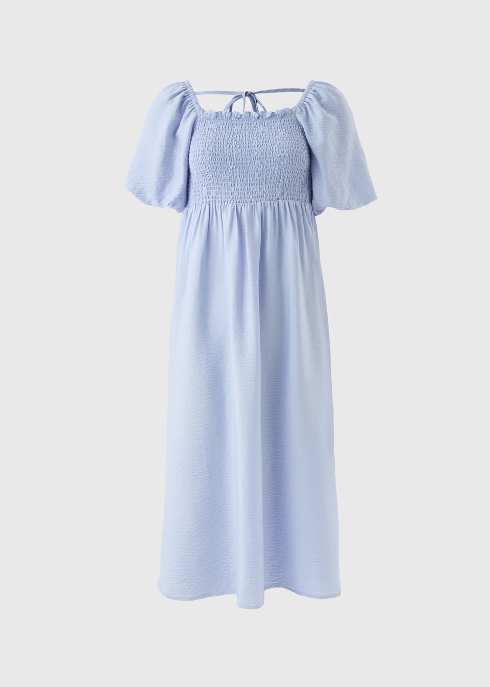 Light Blue Shirred Puff Sleeve Midi Dress