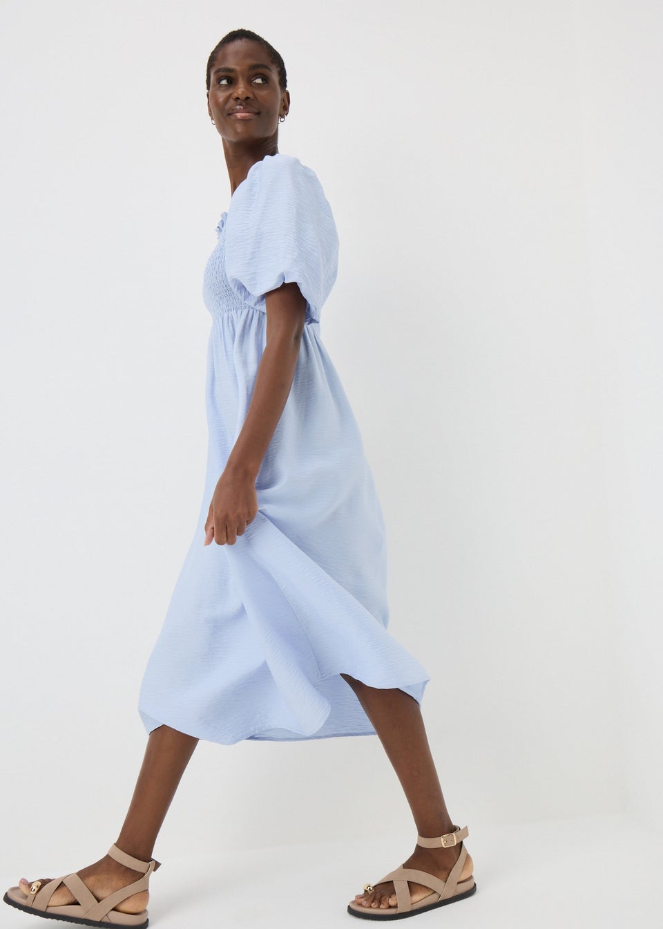 Light Blue Shirred Puff Sleeve Midi Dress