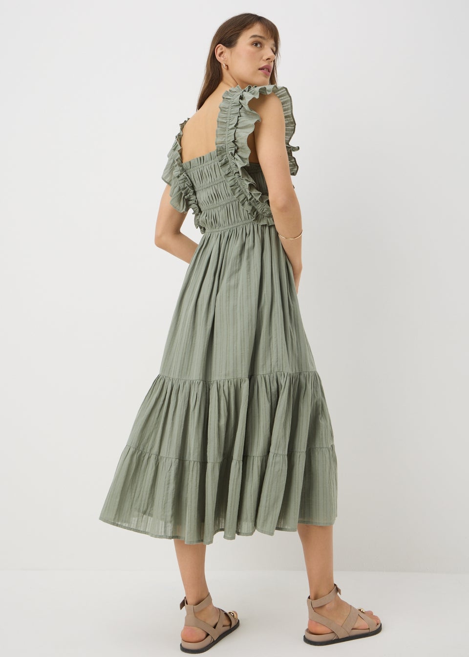 Sage Green Frill Shirred Midi Dress
