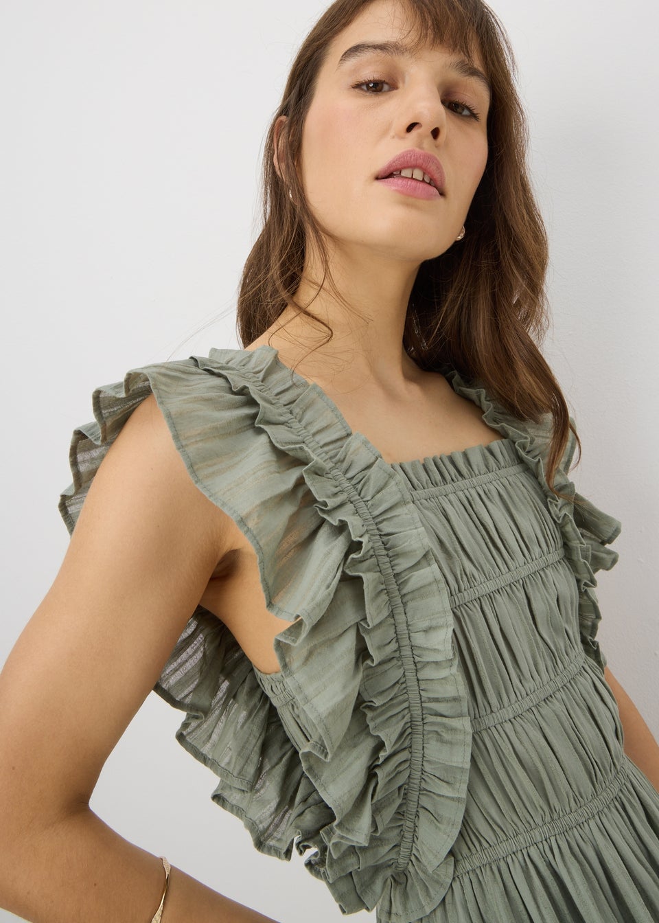 Sage Green Frill Shirred Midi Dress