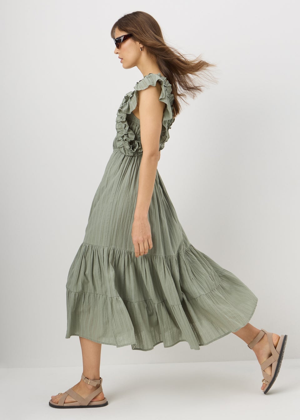 Sage Green Frill Shirred Midi Dress