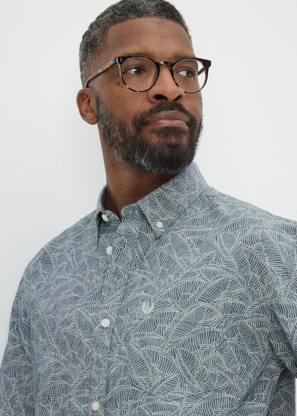 Lincoln Navy Chambray Leaf Print Shirt