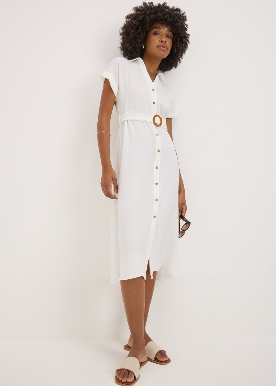Cream Buckle Midi Shirt Dress