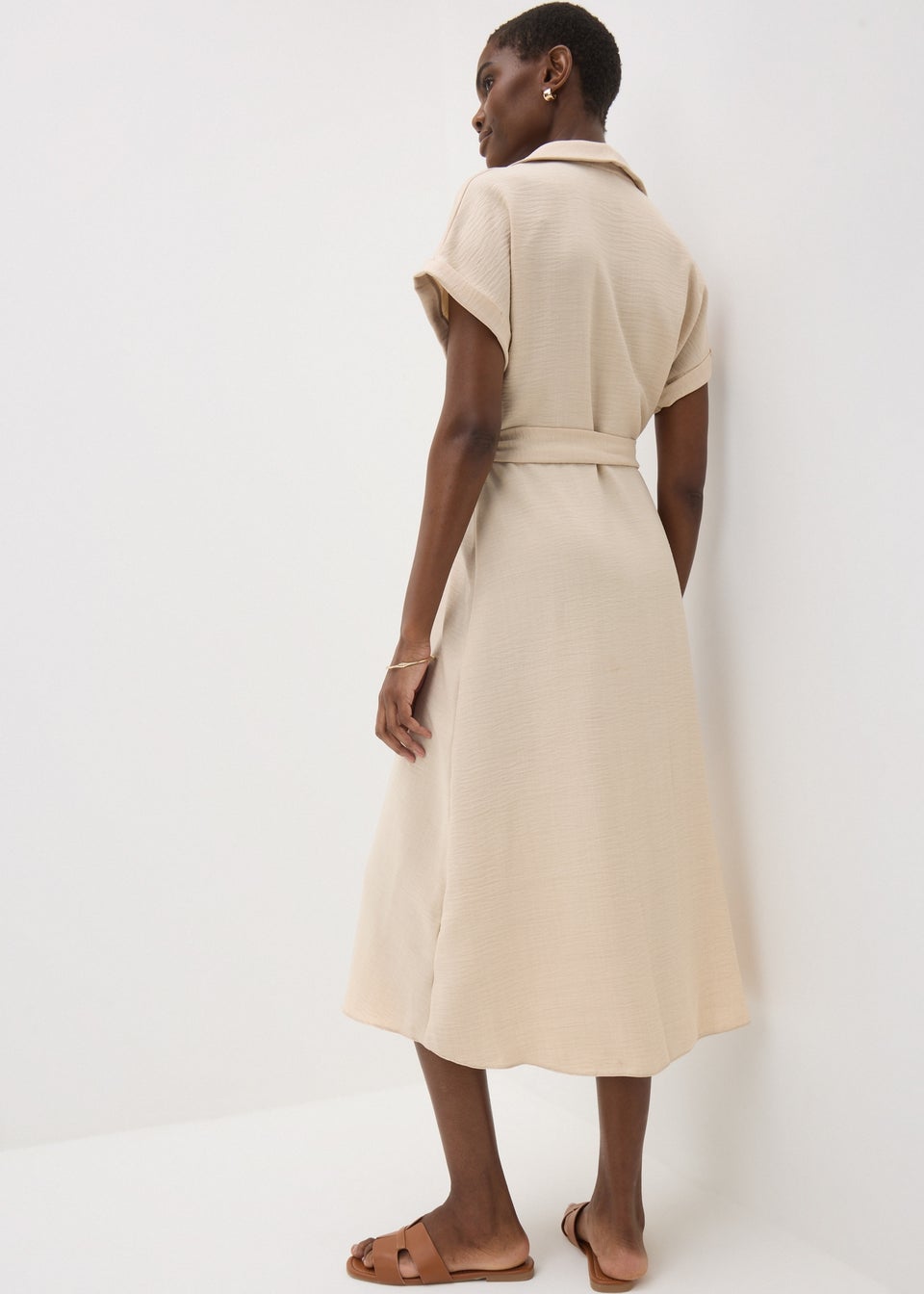 Stone Buckle Shirt Midi Dress