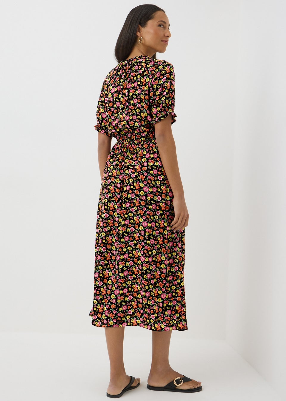 Multicolour Floral Frill Neck Midi Dress