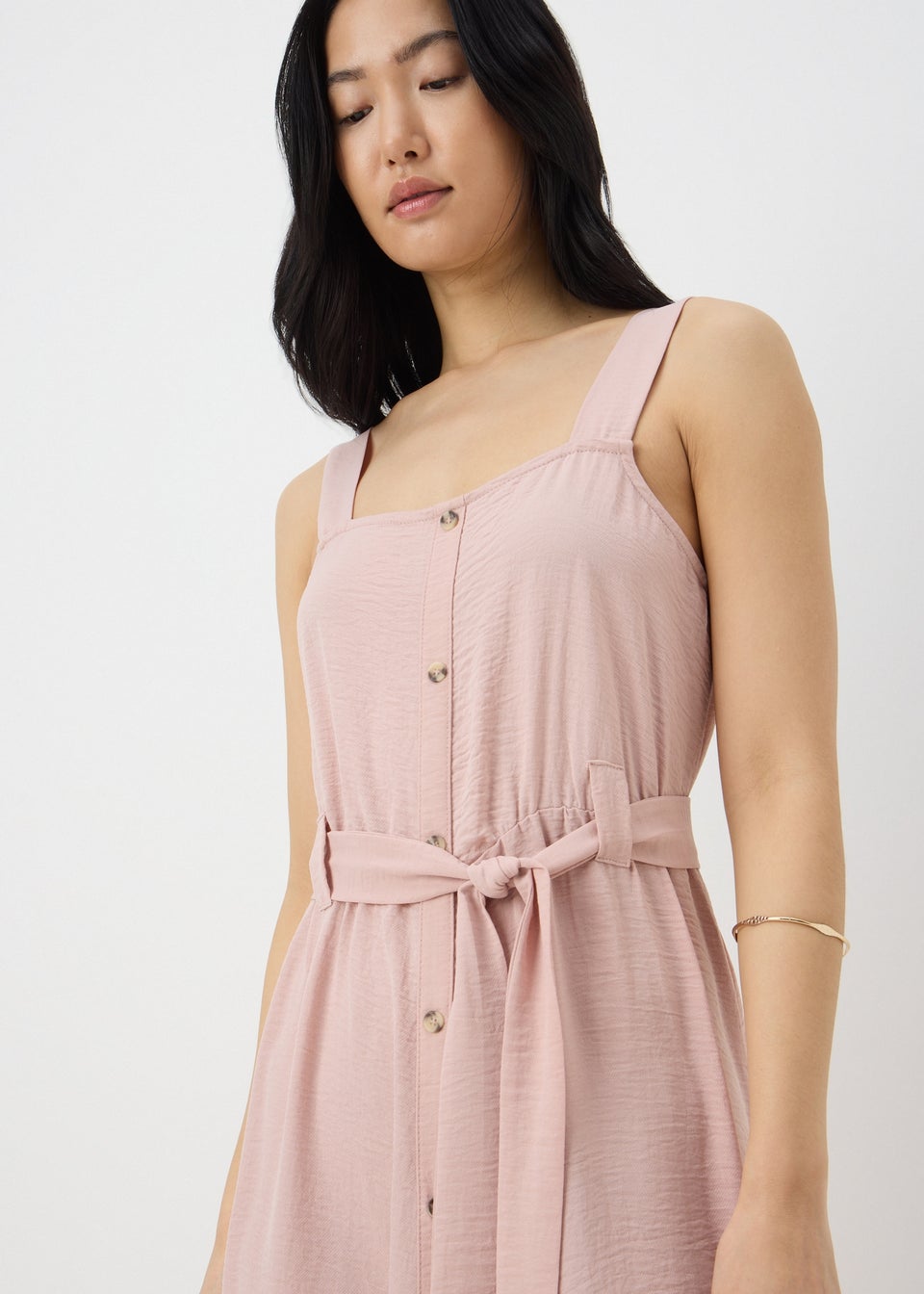 Pink Belted Square Neck Midi Dress