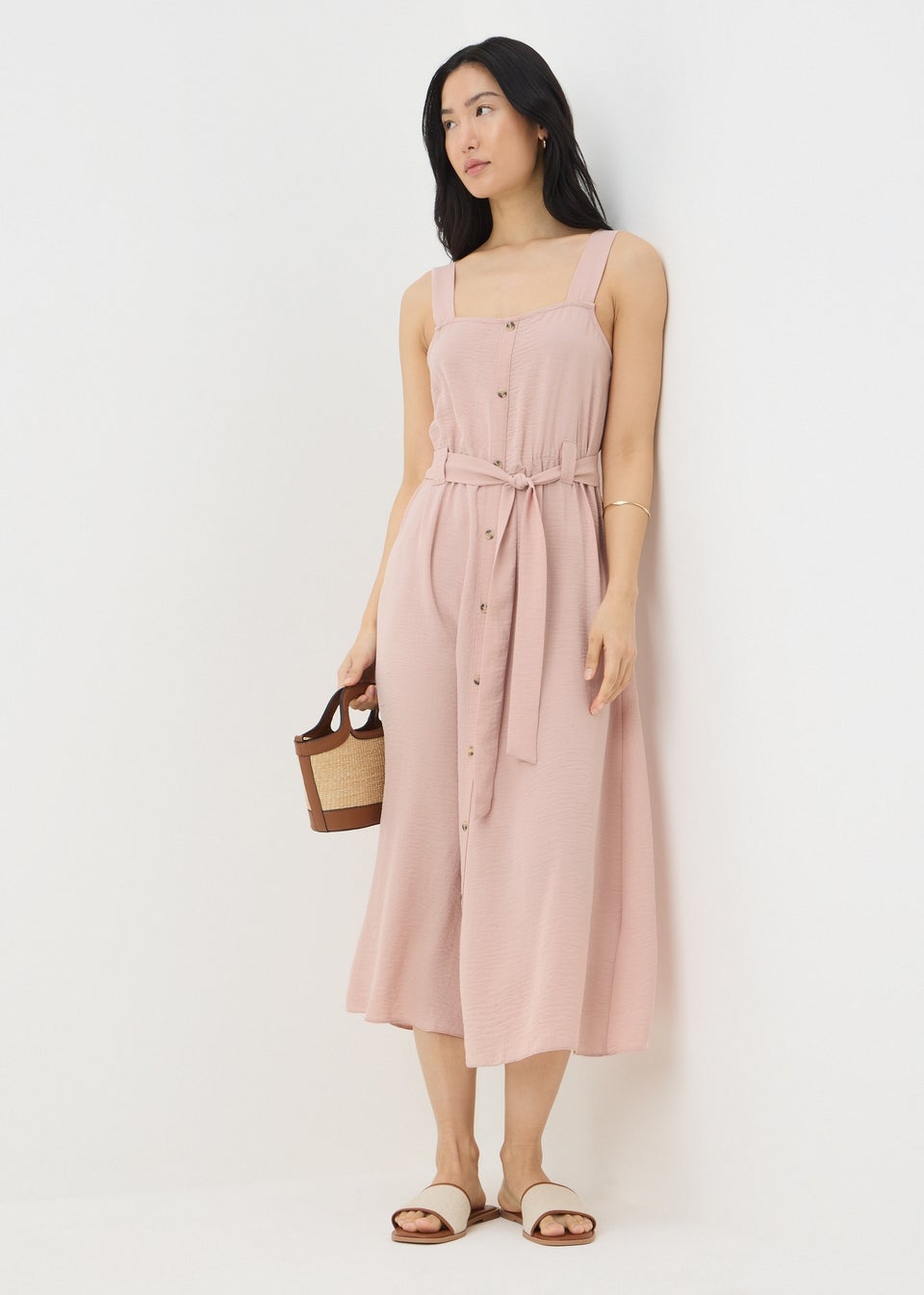 Pink Belted Square Neck Midi Dress