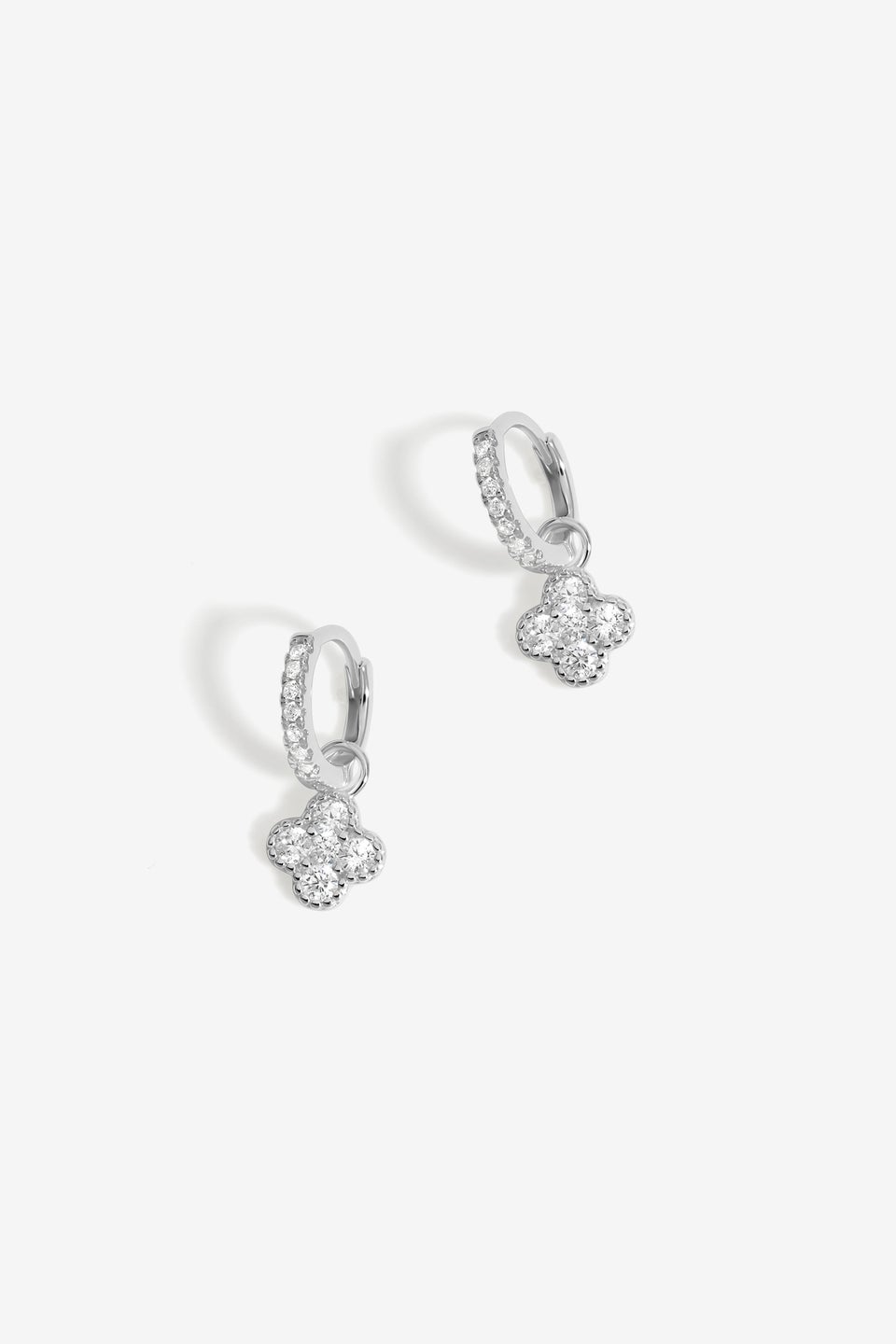 Simply Silver Sterling Silver 925 Polished and Cubic Zirconia Pave Clover Charm Hoop Earrings