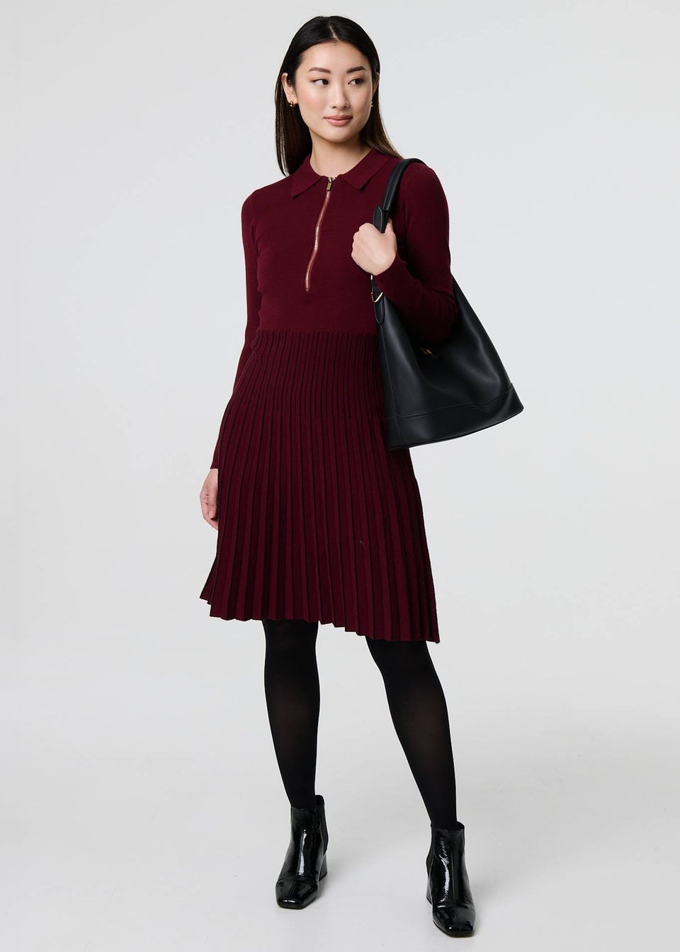 Izabel London Red Zip Collar Pleated Knit Midi Dress