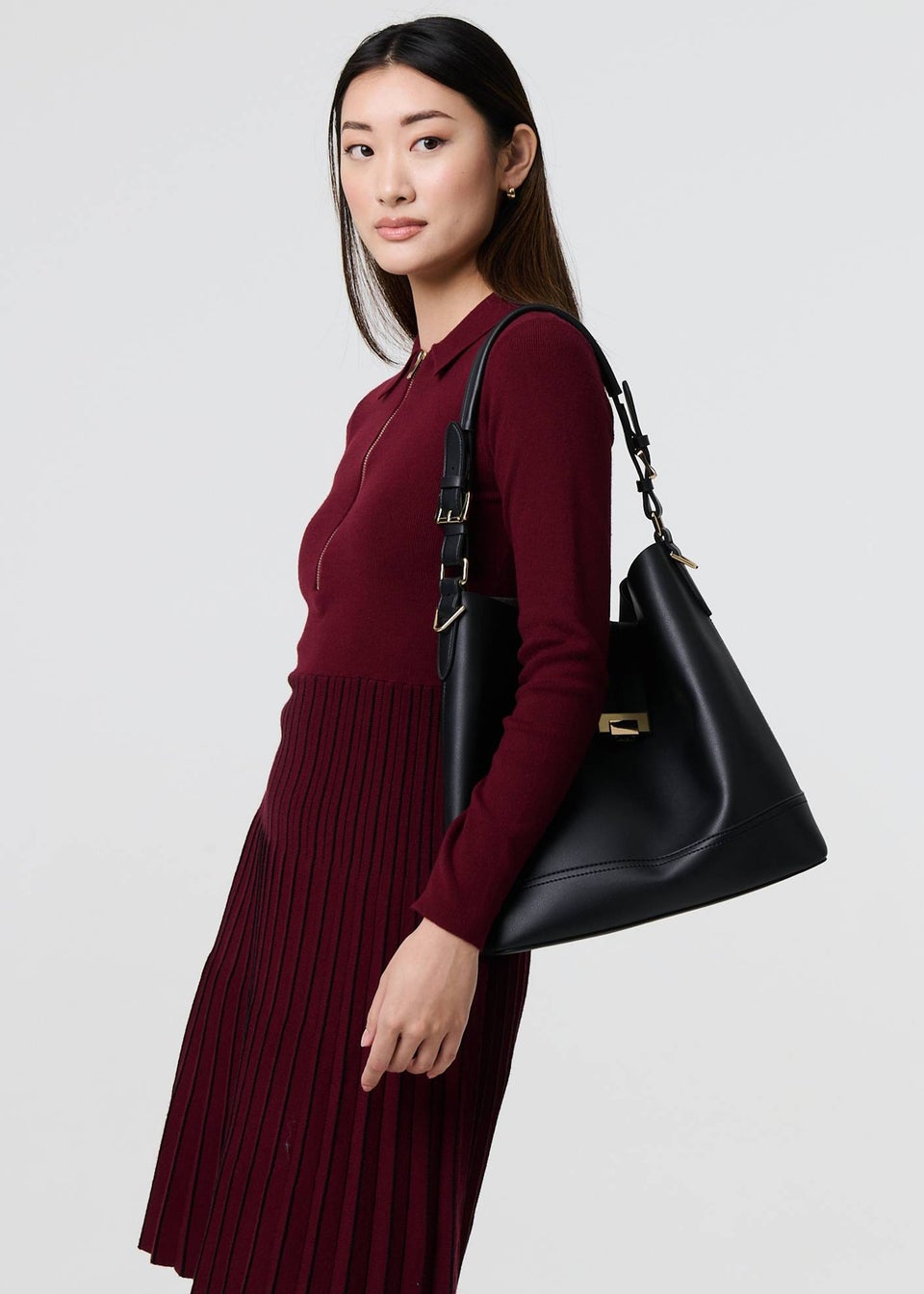 Izabel London Red Zip Collar Pleated Knit Midi Dress