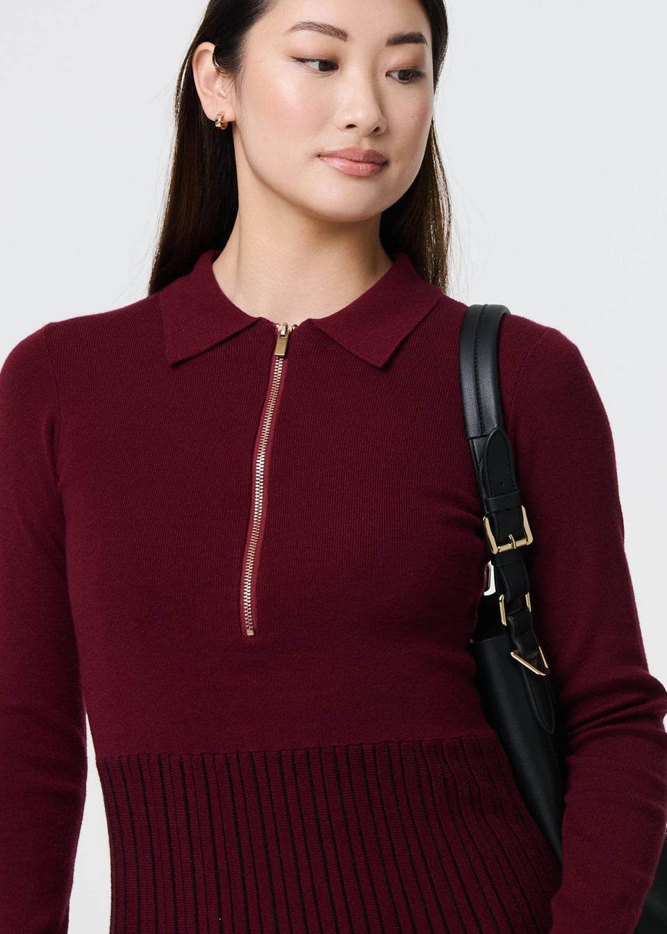 Izabel London Red Zip Collar Pleated Knit Midi Dress