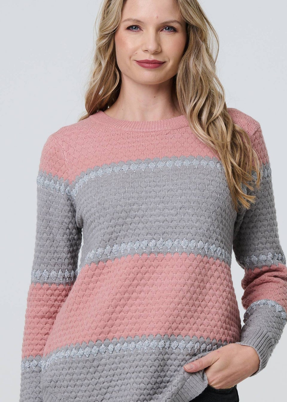 Izabel London Pink Striped Texture Slim Jumper