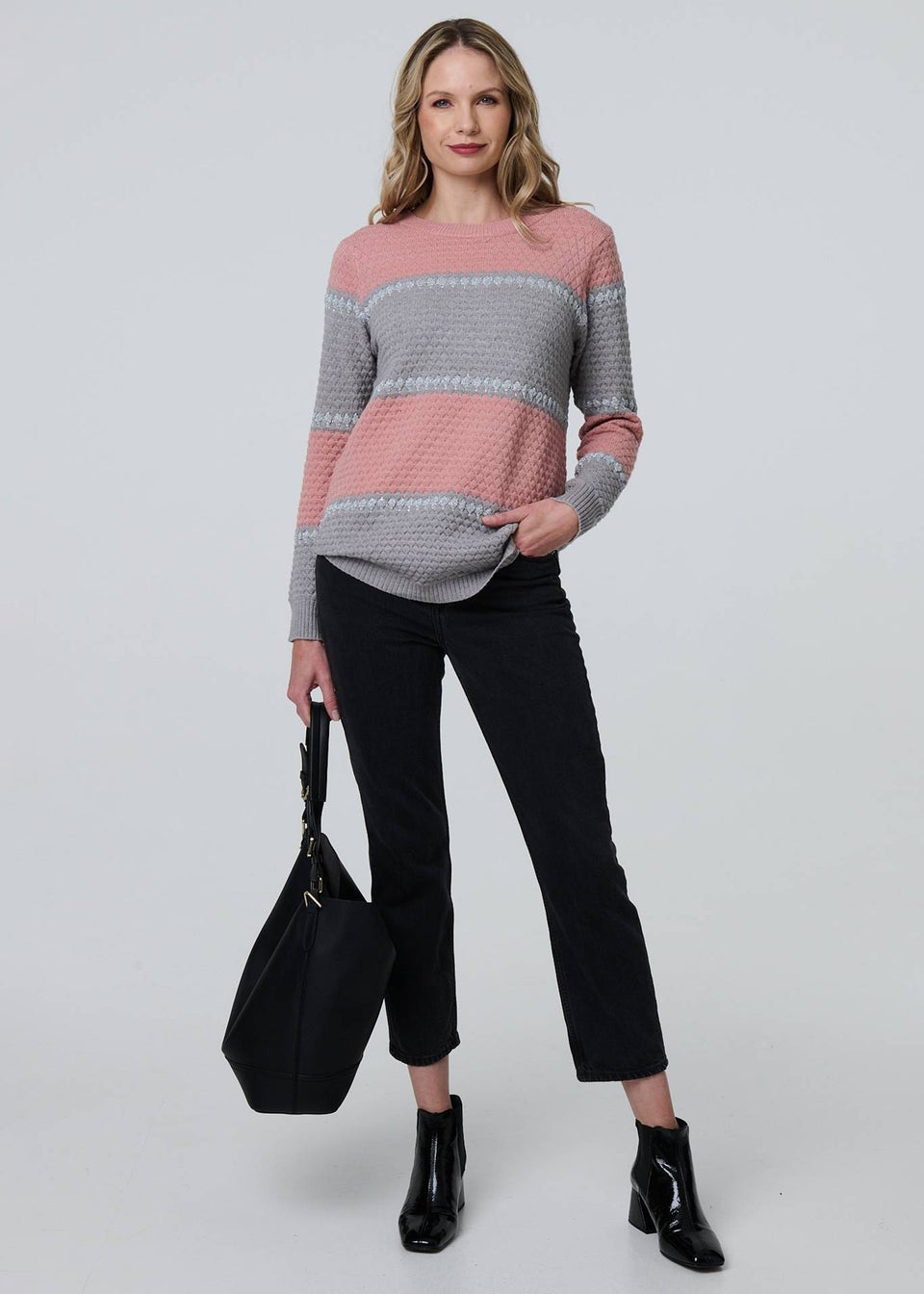 Izabel London Pink Striped Texture Slim Jumper