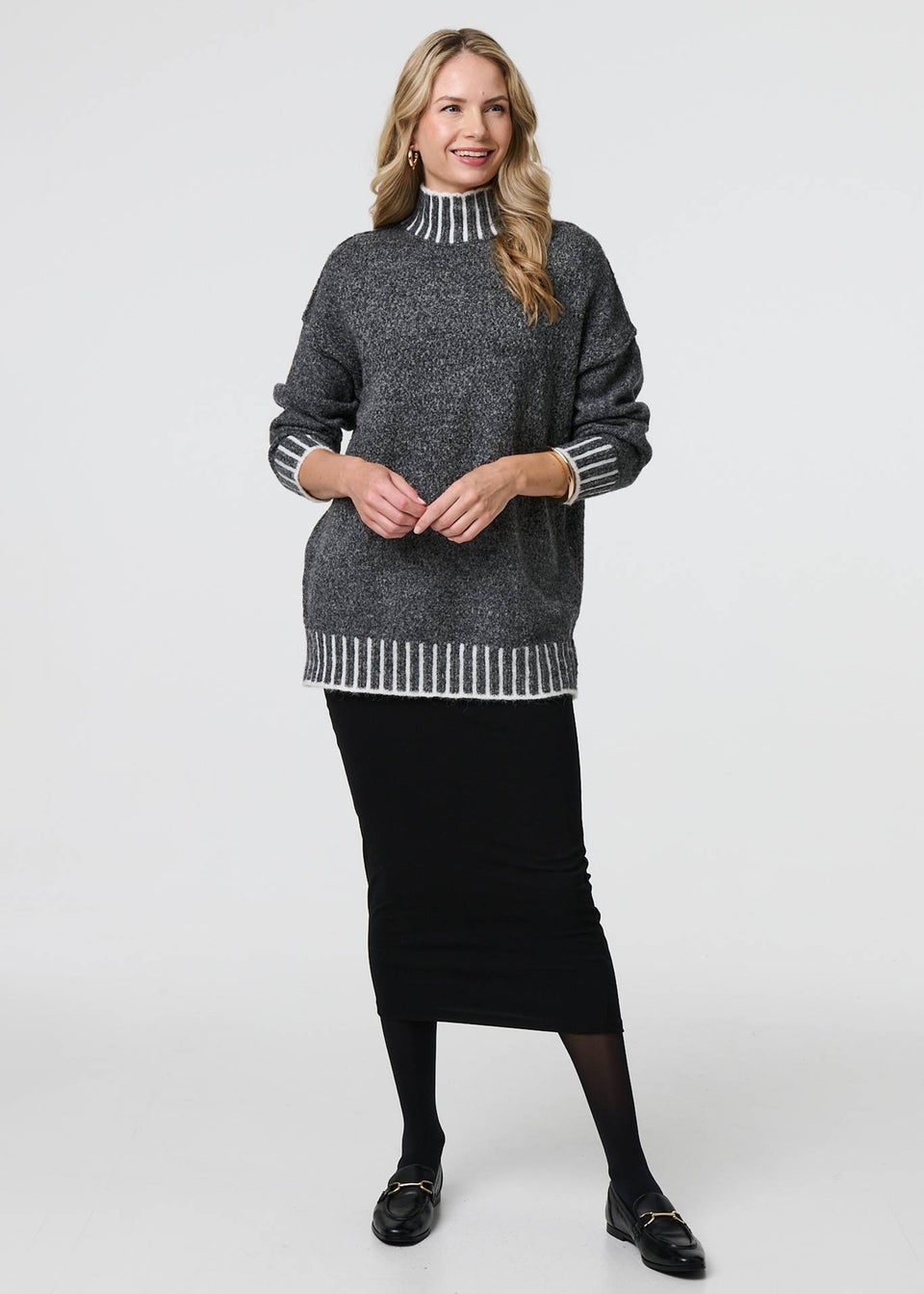 Izabel London Grey Stripe Trim High Neck Oversized Jumper
