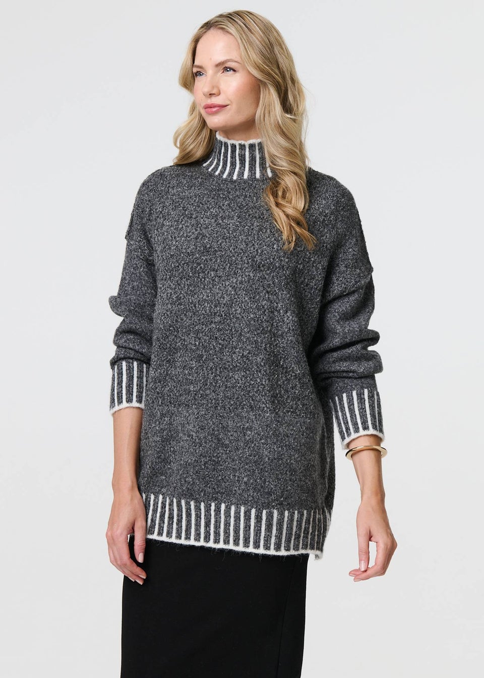 Izabel London Grey Stripe Trim High Neck Oversized Jumper