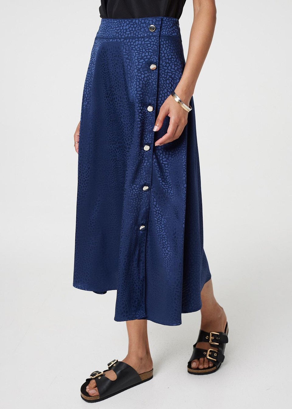Izabel London Blue Animal Print Button Detail Midi Skirt