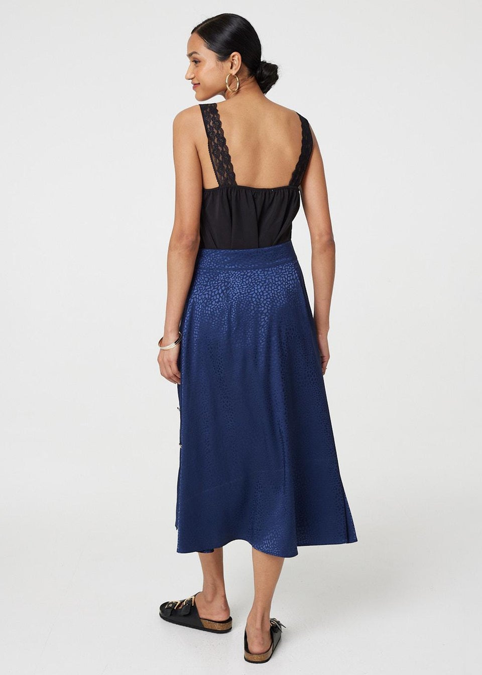 Izabel London Blue Animal Print Button Detail Midi Skirt