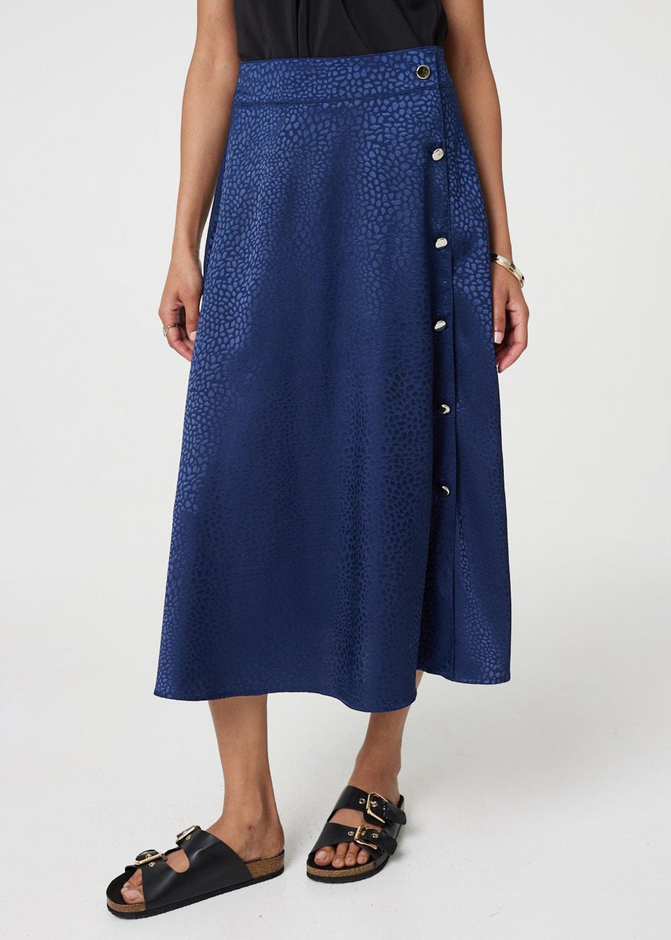 Izabel London Blue Animal Print Button Detail Midi Skirt