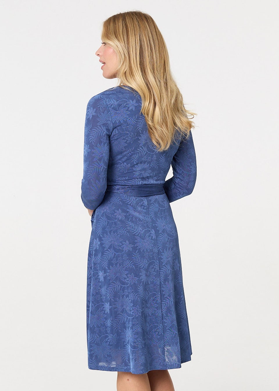 Izabel London Blue Floral Embossed Tie Waist Knee Length Dress