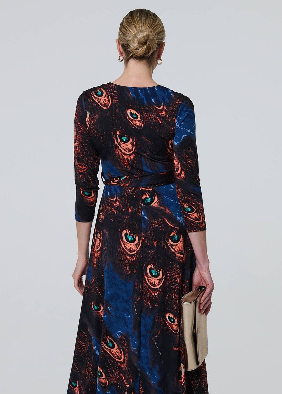 Izabel London Blue Peacock Print 3/4 Sleeve Wrap Maxi Dress