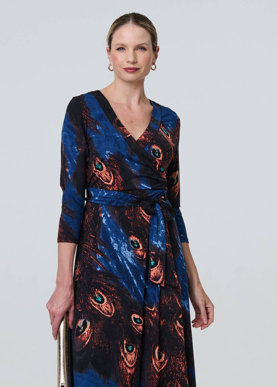 Izabel London Blue Peacock Print 3/4 Sleeve Wrap Maxi Dress